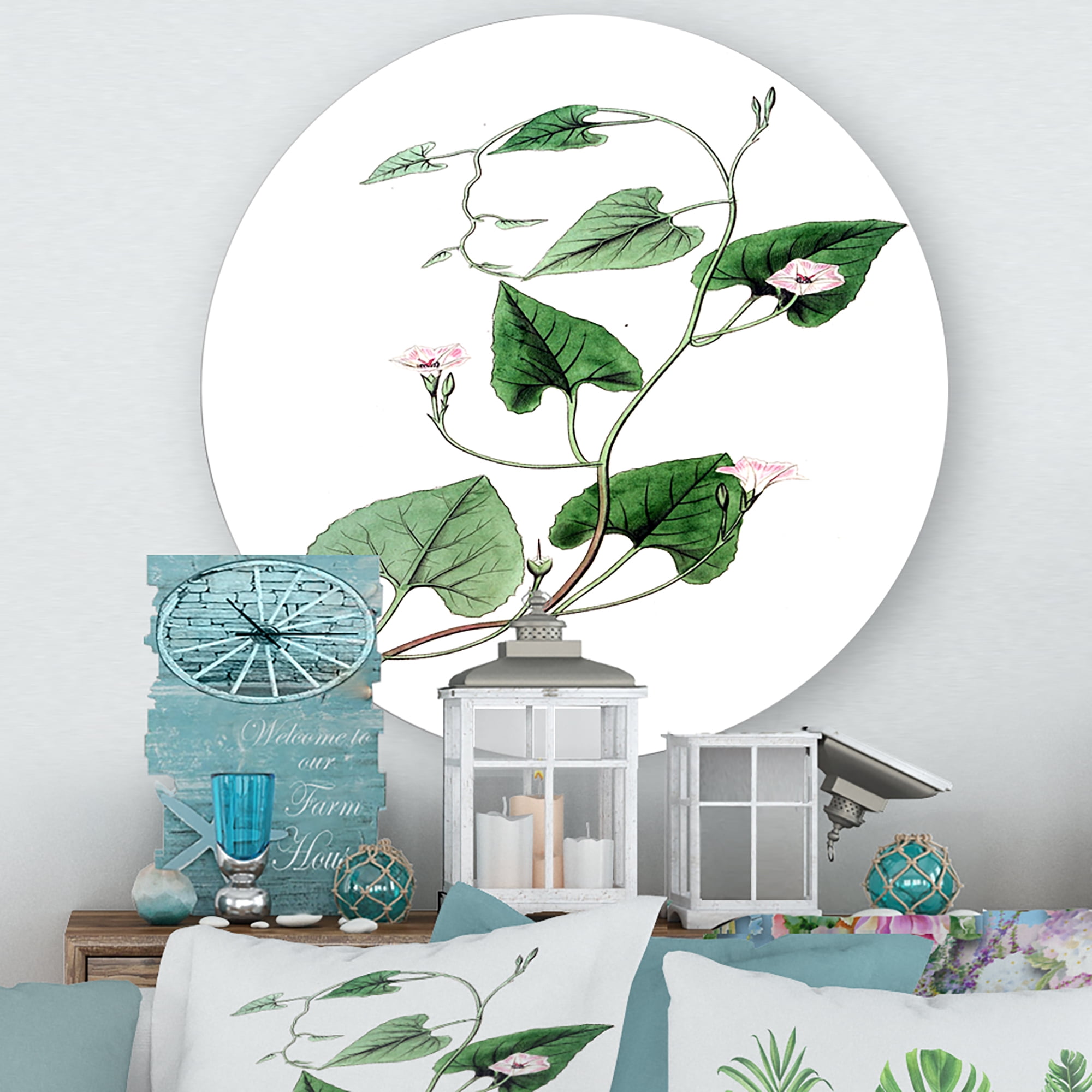 Designart 'Ancient Green Leaves Plants IX' Traditional Circle Metal Wall Art 23x23 - Disc of 23