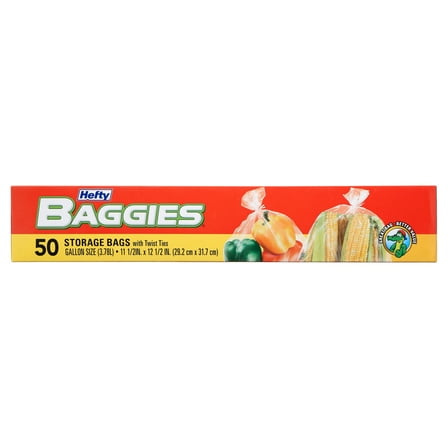 Hefty Baggies with Ties Storage Bags, Gallon, 50 Ct
