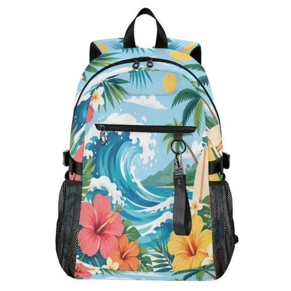 Full‑Print Casual Laptop Backpack, 20L Water‑Resistant Twill Tote Daypack with 14 Inch Computer Compartment for School Business Travel Wave Palm Tropical