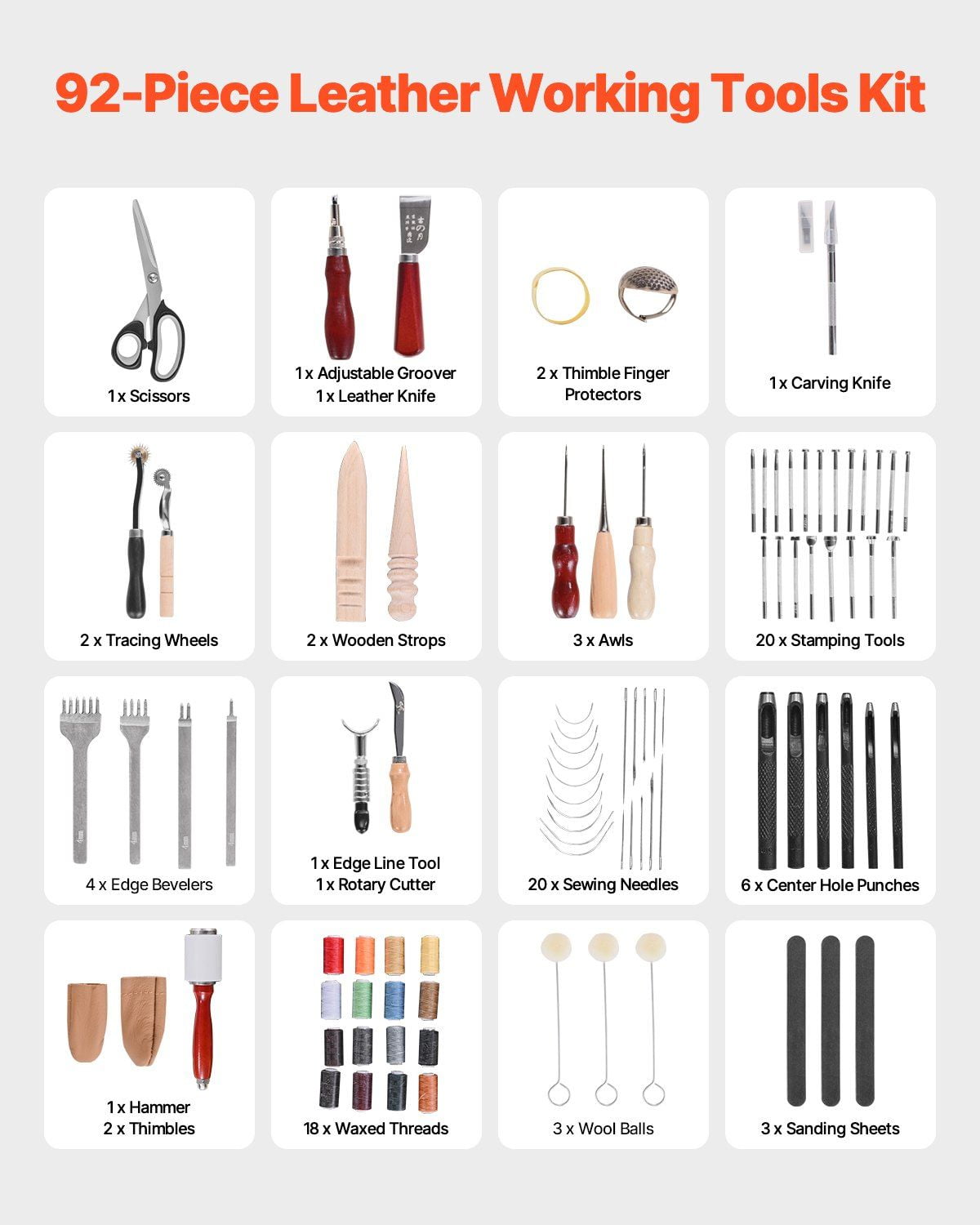 92 PCS Leather Working Tools Kit for Engraving, Punching, Stamping & Sewing – Complete DIY Leather Craft Set