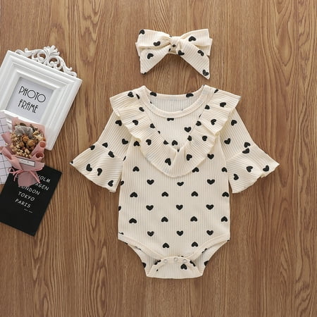 

SDJMa Infant Baby Girls Valentine s Day Hearts Print Ruffles Romper Bodysuit+Headbands