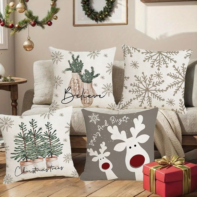 Juego de 4 fundas de almohada navideñas | Fundas decorativas para almohadas festivas | Fundas de 45 x 45 cm para cojines de sofá, ideales para la decoración del hogar, sala de estar, sofá y cama.