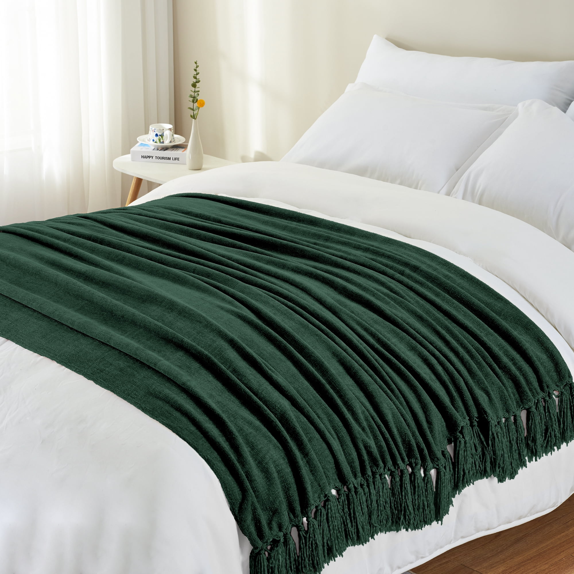LONG CREATE Chenille Throw Blanket with Fringe Tassel for Couch Sofa Chair Bed, Dark Green 50" x 70"
