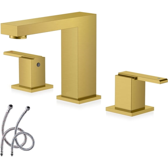 Brushed Gold Widespread Bathroom Faucet 2 Handle Bathroom Sink Faucets 3 Hole, Gold 8-Inch 3 Pieces Vanity Lavatory Faucet with Supply Lines