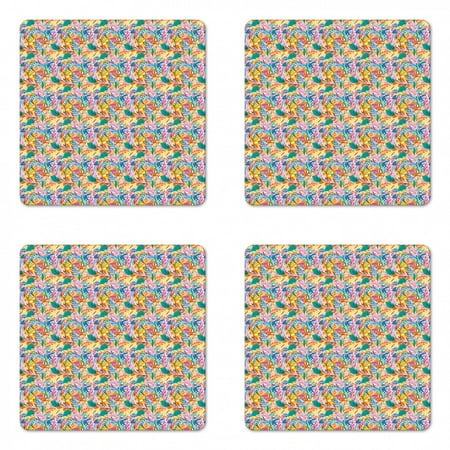 

Colorful Coaster Set of 4 Continuous Forest Leaves Herbs Branch Fauna Palm Tulip Paradise Retro Pattern Square Hardboard Gloss Coasters Standard Size Multicolor by Ambesonne
