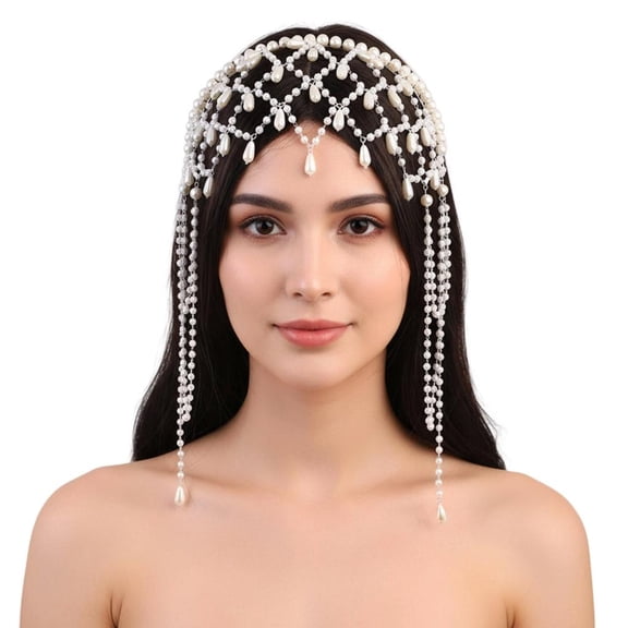 Sparkling Pearls Headbands Headpiece Hair Chain Tiaras for Pageants Proms Hair Jewelry with Elegant Fringe