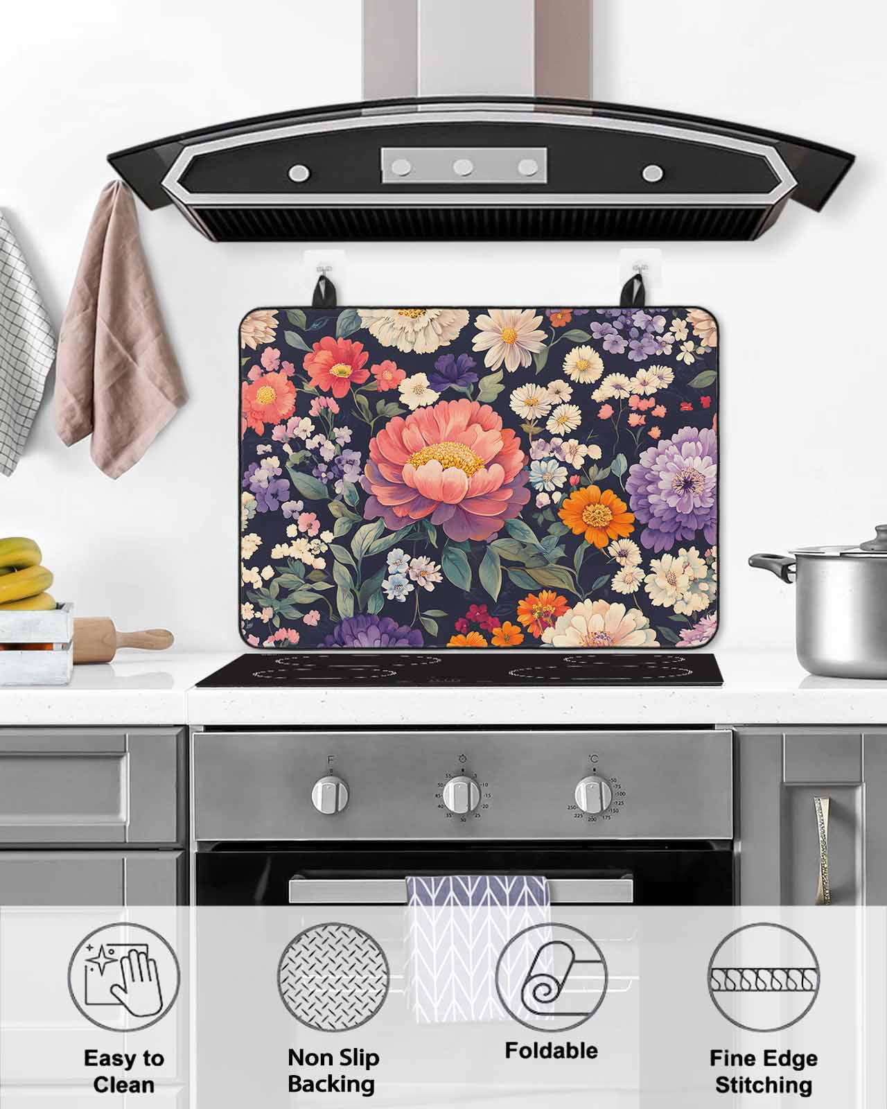 nqOlkjepod Large Induction Cooktop Protector Mat 24"x21", Colorful Spring Floral Stove Top Covers for Electric Stove, Botanical Summer Blooming Stove Burner Cover Mats, Glass Top Stove Cover