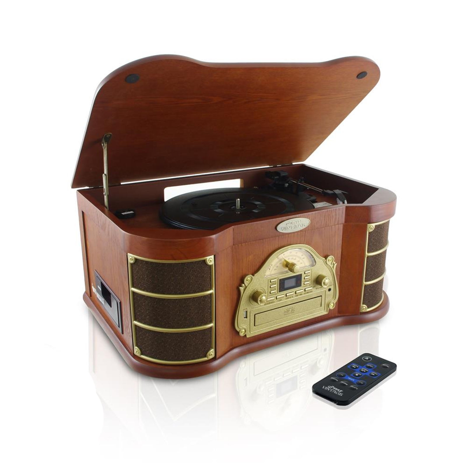 Pyle BT Vintage Style Turntable with AM/FM Radio, CD & Cassette Players