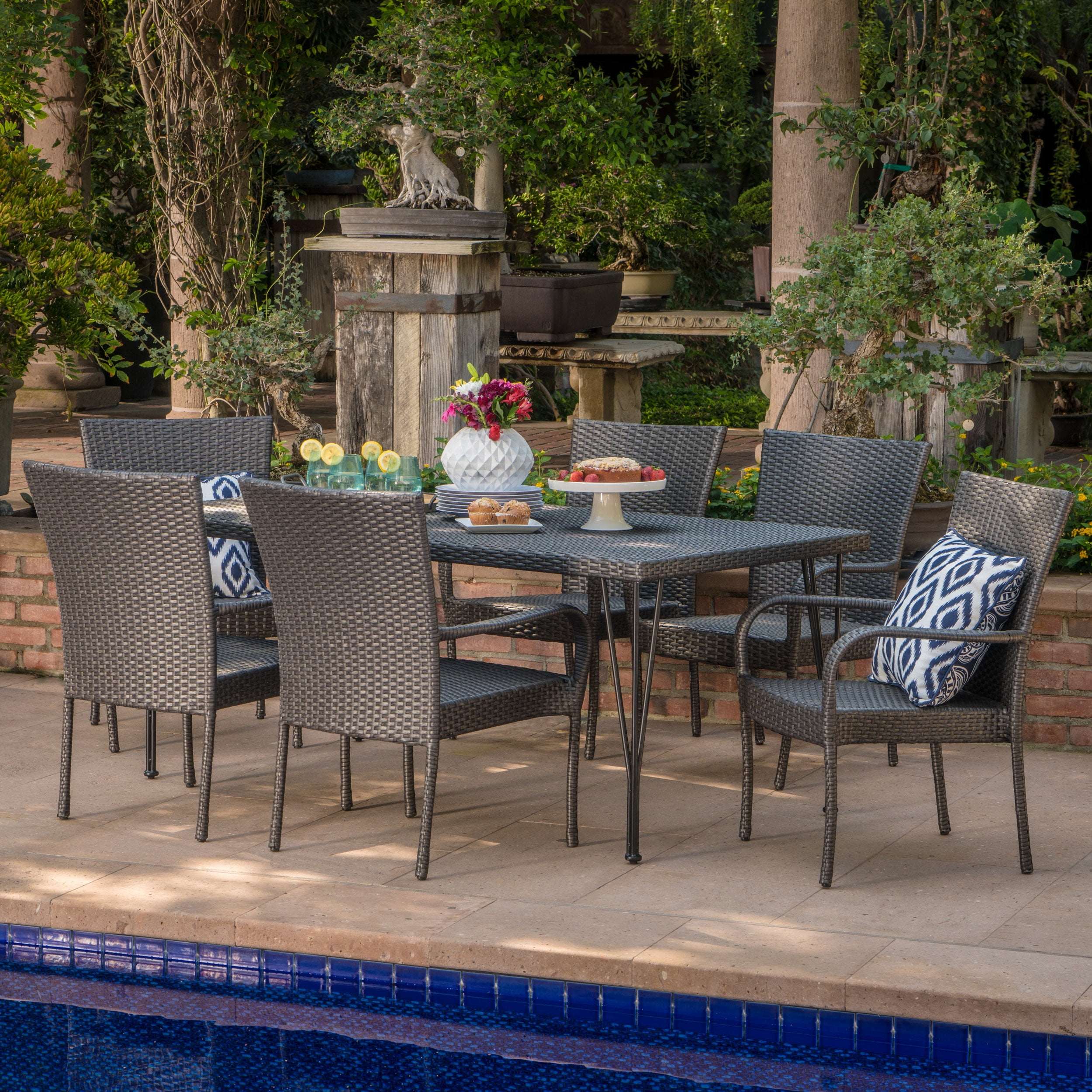 Hallsville Outdoor 7 Piece Wicker Rectangular Dining Set with Stacking