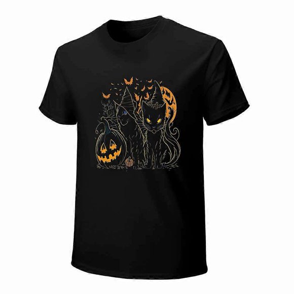 Wearing a hat and cat T-shirt Mom Halloween T-Shirts Fall Shirts Vintage Halloween tees Slim Fit