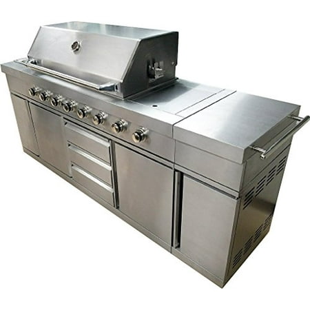 Gas Barbecue Rotisserie Western Pacific 7 Foot BBQ Gas Grill Barbecue 8 Burner Zones 96,000 BTU's Rotisserie Sink Cabinet Stainless Steel Blue LED Lights Canvas Cover ()