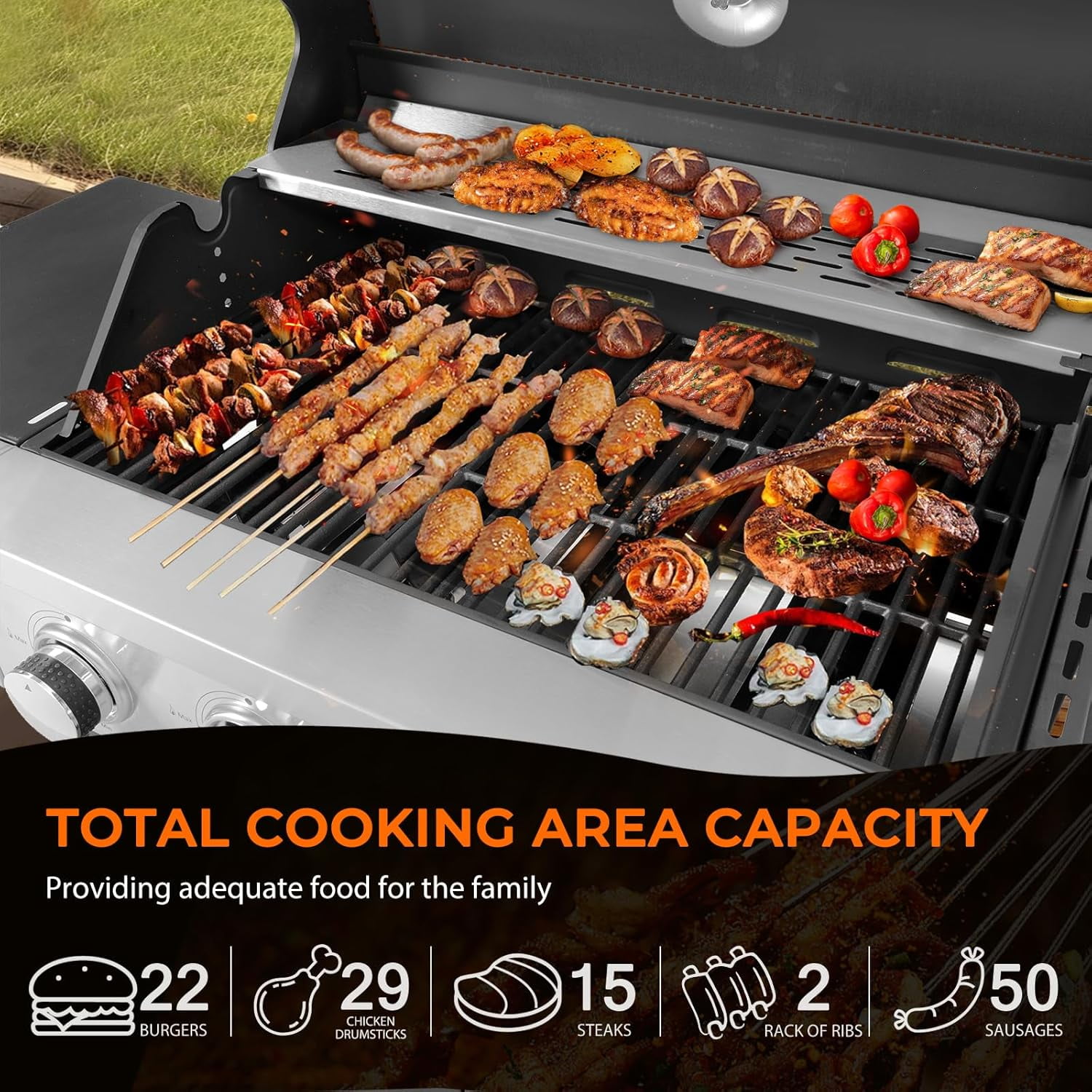4 Burner Barbecue Grill, Stainless Steel Propane Gas Grill with Side Burner and Thermometer for Outdoor BBQ, Camping, 4 Wheels