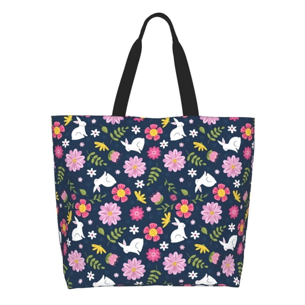 Fotbe Floral Rabbit Bolsa Tote Estética de Lona con Estampado para Mujer - Bolsa Reutilizable de Hombro Casual para Vacaciones, Compras, Trabajo y Gimnasio