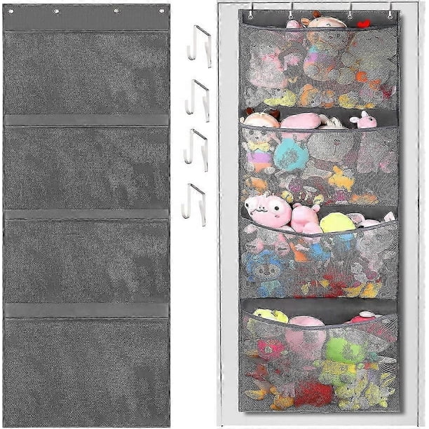 Stuffed Animal Storage Bag Over The Door Stuffed Animals Organizer With 4 Large Pockets Hanging Mesh Bags For Baby Plush Toys Bedroom Nursery Kids Toy
