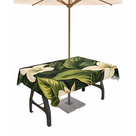 Outdoor Tablecloth with Umbrella Hole for Patio/Picnic/Party/Camping, White Lily Flower Waterproof Table Cloth Rectangle Table Cover Washable, Tropical Bloom Floral Green Leaf 52"x 70"