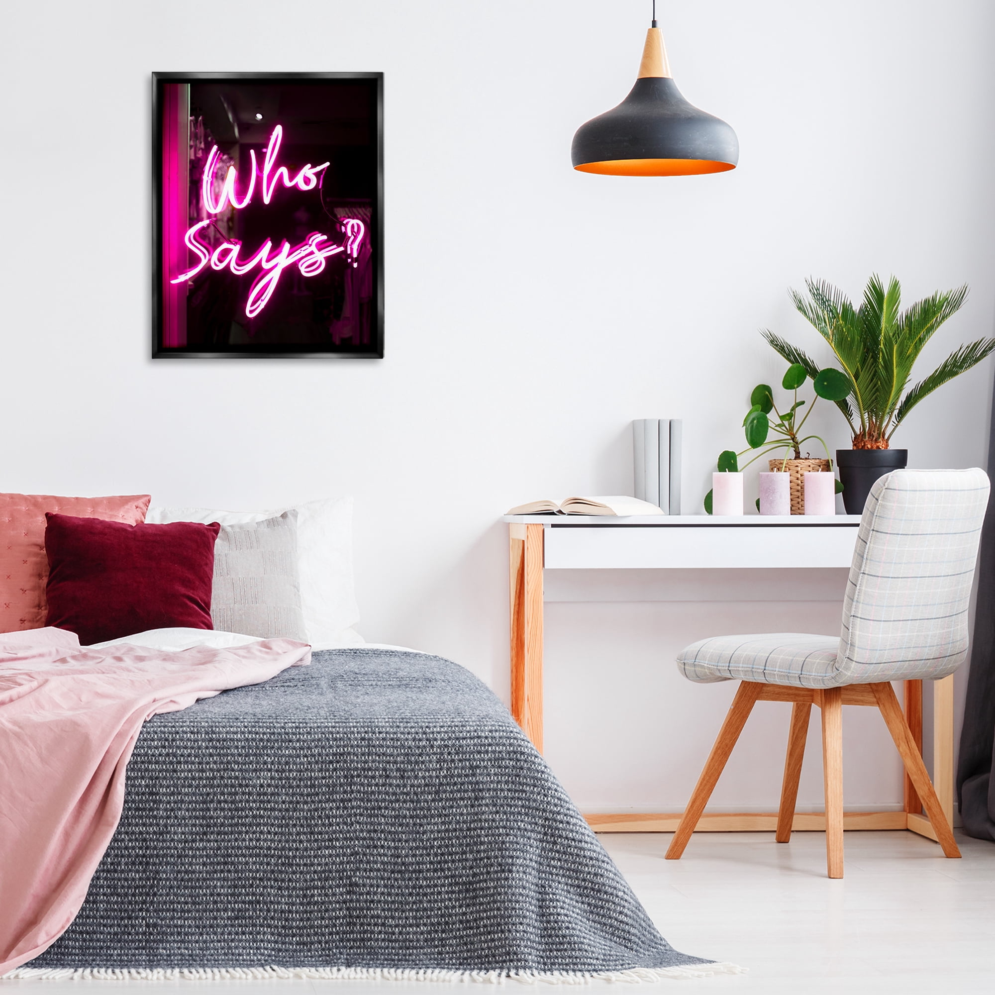 Stupell Industries Pink Neon Who Says Typography Painting Black Floater Framed Art Print Wall Art, 25 x 31