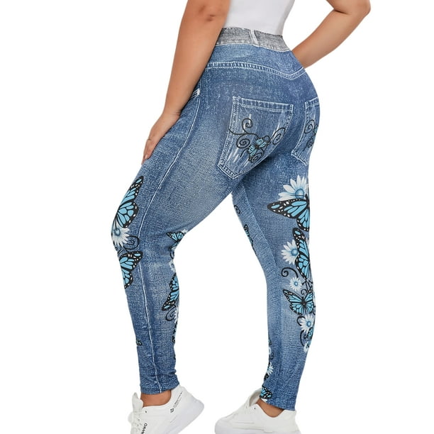 Lov Women's Tummy Control Denim Fake Jeans Seamless Fleece