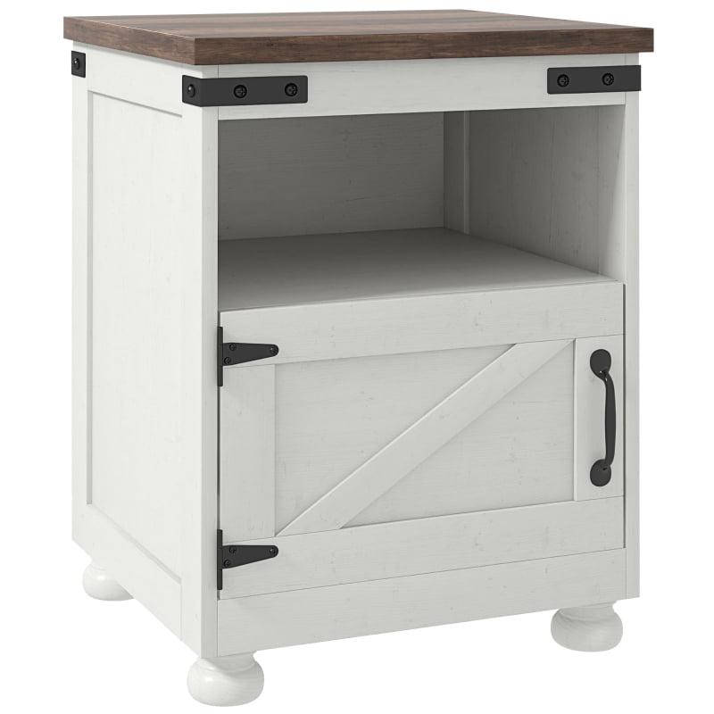 HOQBN Side Table with Storage, End Table with Open Shelf, Cupboard, and Wood Legs, Modern Farmhouse Style, White