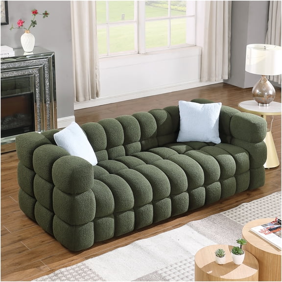 JERFIT Modern Boucle Sofa 3 Seater for Living Room, Plush Marshmallow Loveseat Couch with Pillows, Comfortable Upholstered Furniture for Apartment, Olive Green