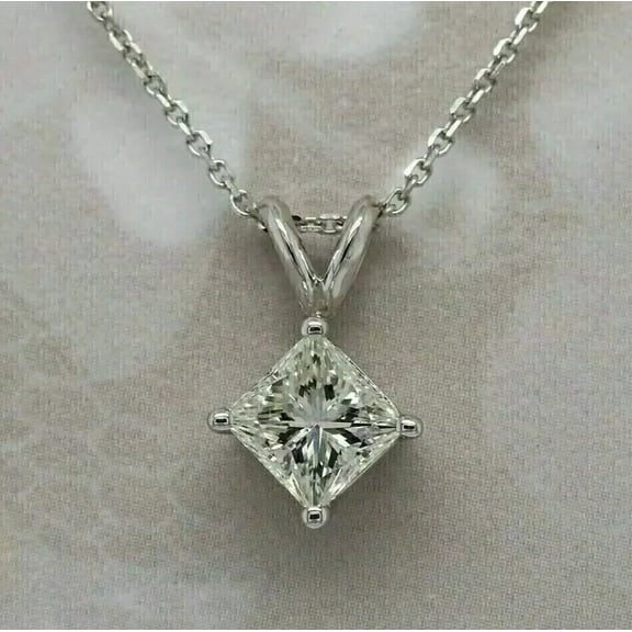 2.00Ct Princess Cut Lab Created Diamond Solitaire Pendant 14K White Gold Plated