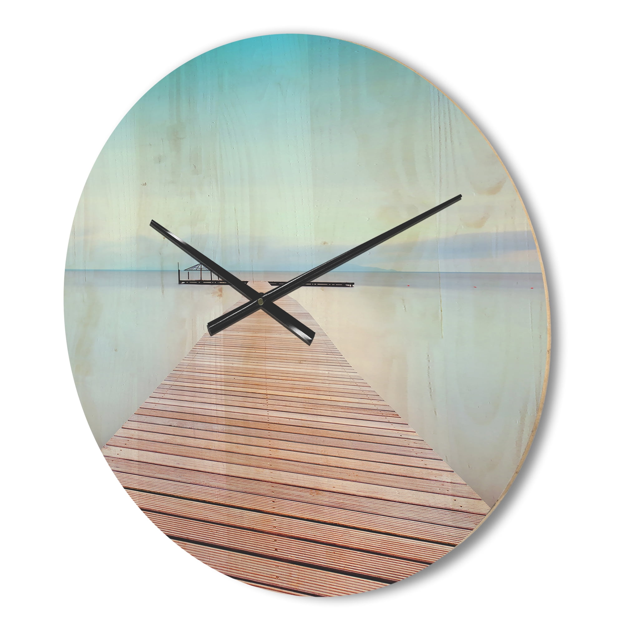Designart 'Wooden Pier On Lake in Cold Atmosphere ' Modern Wood Wall Clock