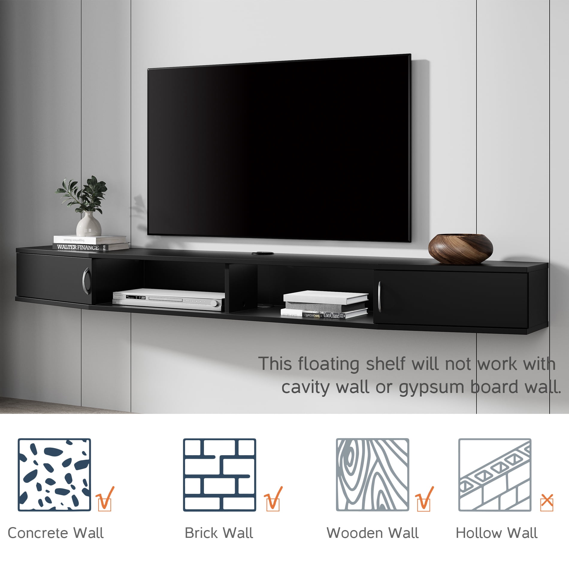 Wall Mounted Charging Station，Floating TV Stand Console with Door Cabinet for Living Room，Black