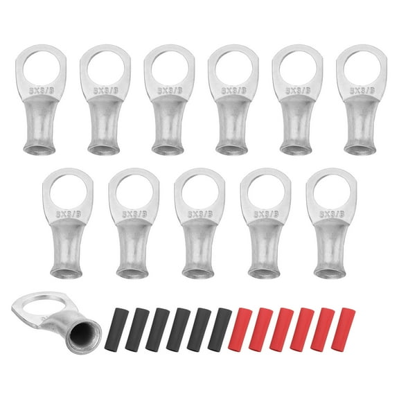 12 Pcs 3/8" Stud 8AWG Battery Lugs Ring Terminal with 12pcs Heat Shrink, Silver