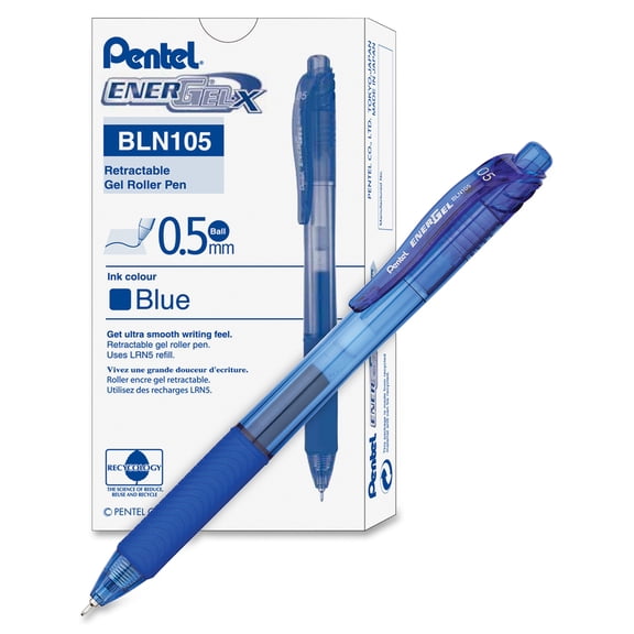 Pentel EnerGel-X Retractable Liquid Gel Pen, Fine Needle Point 0.5 mm, Blue Ink, Blue Barrel, 12-Pack