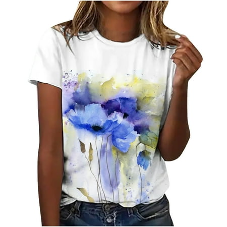 

Womens Tops Summer Loose Fit Blouses Fashion Short Sleeve T-Shirts Crewneck Scenery Pattern Tees Dressy Casual Shirt