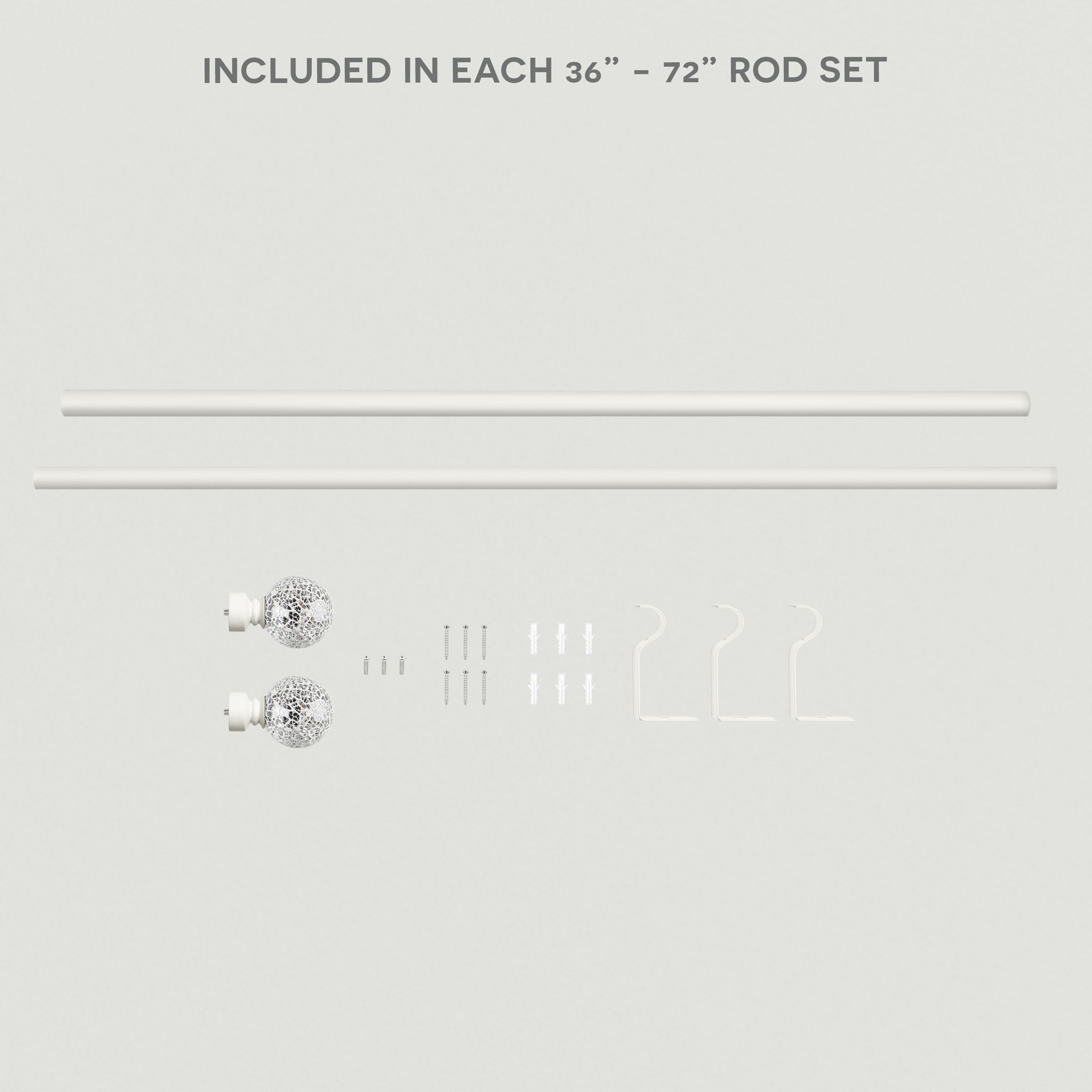 Exclusive Home White Mosaic 1" Curtain Rod and Coordinating Finial Set, Matte White, Adjustable 36"-72"
