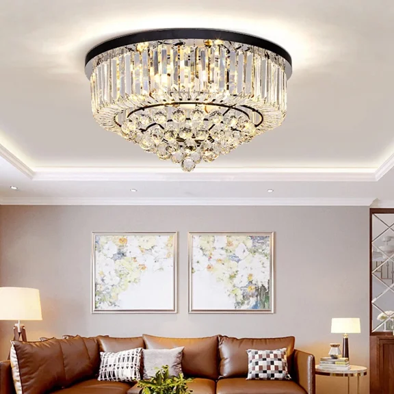 LUOLAX 23.6" Luxury Round Cake Crystal Ceiling Light for Living Room Crystal Chandelier