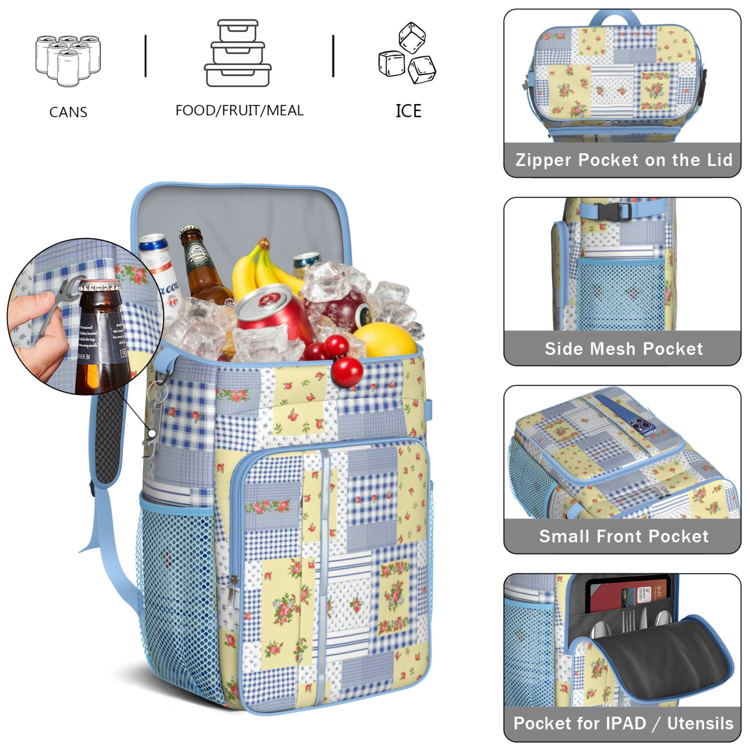 Travel Cooler Bag - Pioneer Flower Floral Print Pattern Camping Beer Cooler Backpack with Bottle Opener- Waterproof Insulated Picnic Backpacks - Cooler Bag for Beach
