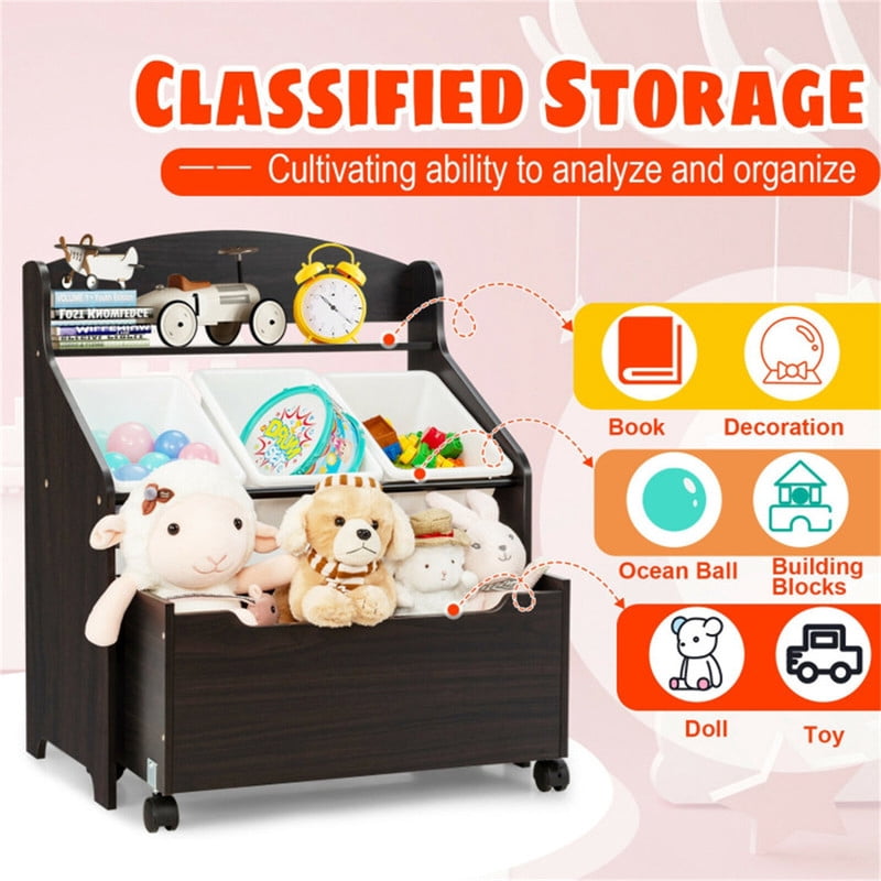 Gundir Kids Toy Storage Organizer with Large Capacity Rolling Toy Box and 3 Removable Bins, Cabinet with Shelf, Easy-Move Lockable Casters, for Playroom Bedroom,Brown, 25"L x 15"W x 30"H