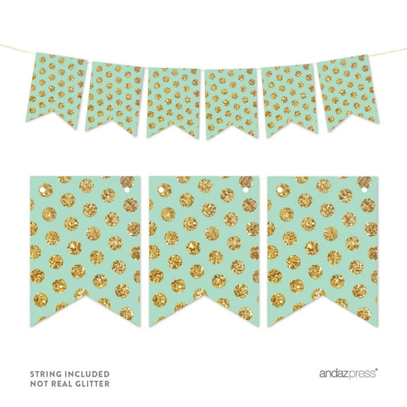 Mint Green Pennant Party Banner Gold Glitter Polka Dots