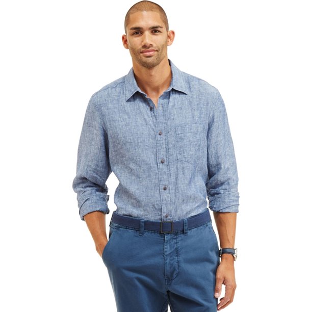 Camisa con botones de lino sólido para hombre Nautica, azul, grande Nautica Botones al frente