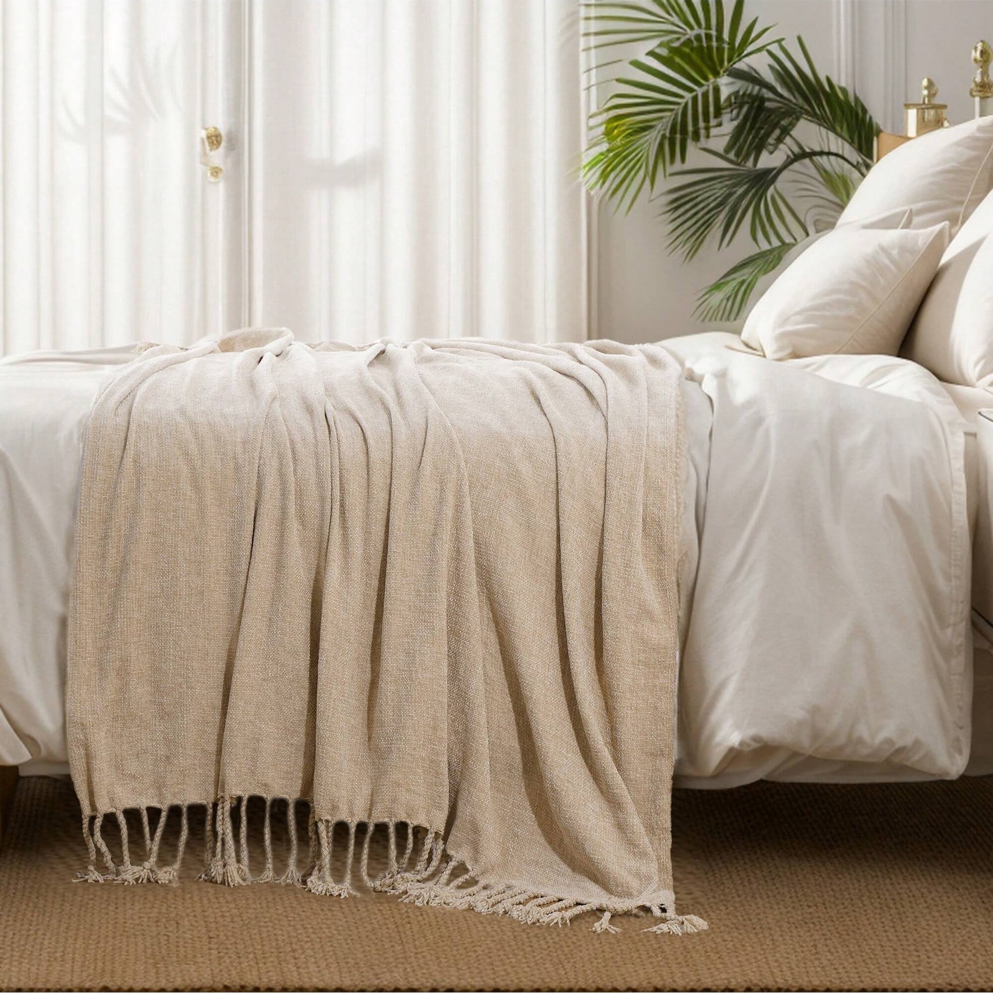 Beige Chenille Throw Blanket,Decorative Tan Knit Blanket for Living Room Decor,50"x60"