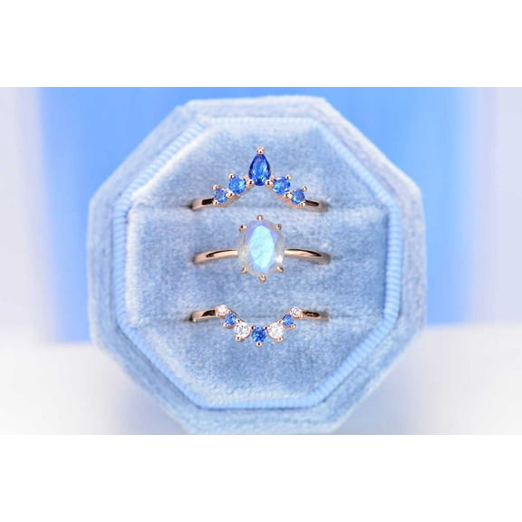 Rose Gold Plated Silver Dainty Natural Moonstone Ring Set, 1.5Ct Oval Cut Moonstone Vintage Ring Set, Rose Gold Ring Unique Curved Ring, Size 5