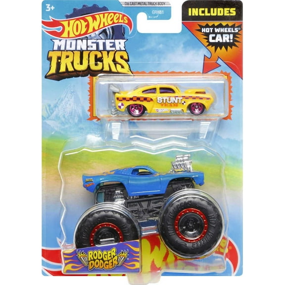 Hot Wheels Monster Trucks 1:64 Scale Vehicles 2 Pack; 1 Die-Cast Truck & 1 Car