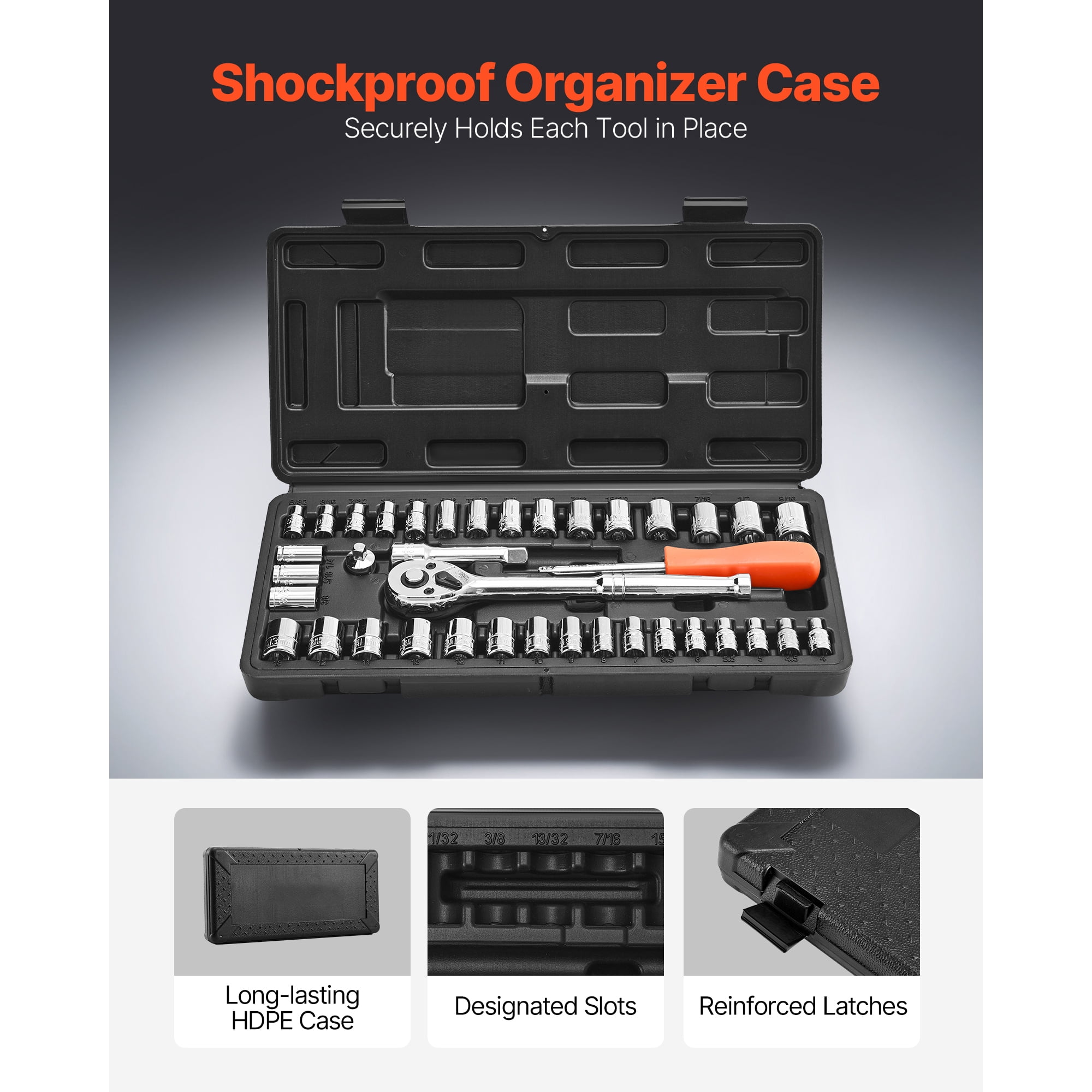KFFKFF 39-Piece Socket Set with 3/8 & 1/4 inch Drive, SAE and Metric Sizes, Mechanic Tool Kit Featuring Ratchet Wrench, Accessories, Durable CR-V Alloy Steel, Includes Storage Case