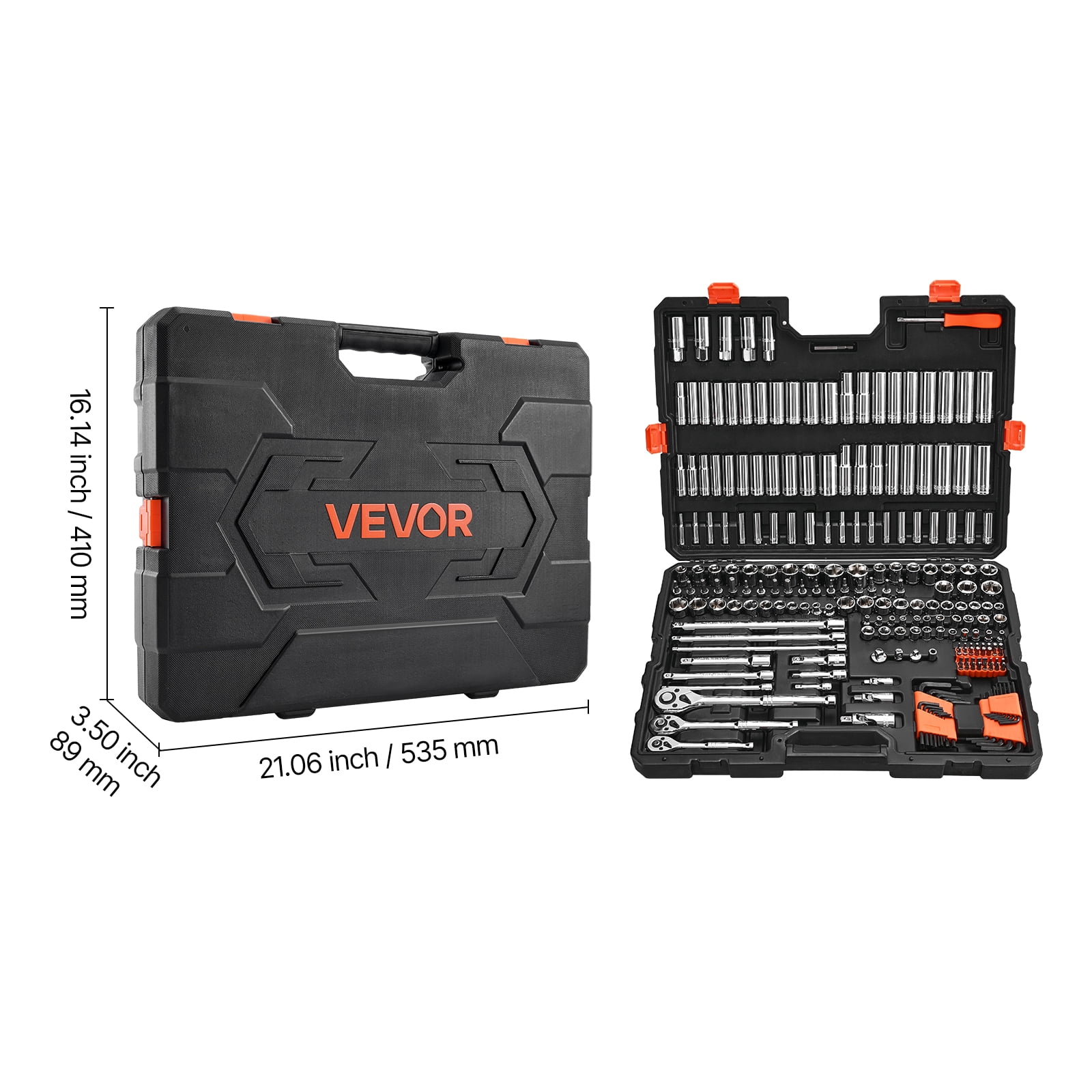 VEVOR Socket Set, 225 Pieces, 3/8 & 1/4 & 1/2 inch Drive Socket and Ratchet Set, SAE and Metric, Deep and Shallow, Mechanic Tool Kit with Bits, Accessories, Storage Case, CR-V Alloy Steel, for Repair