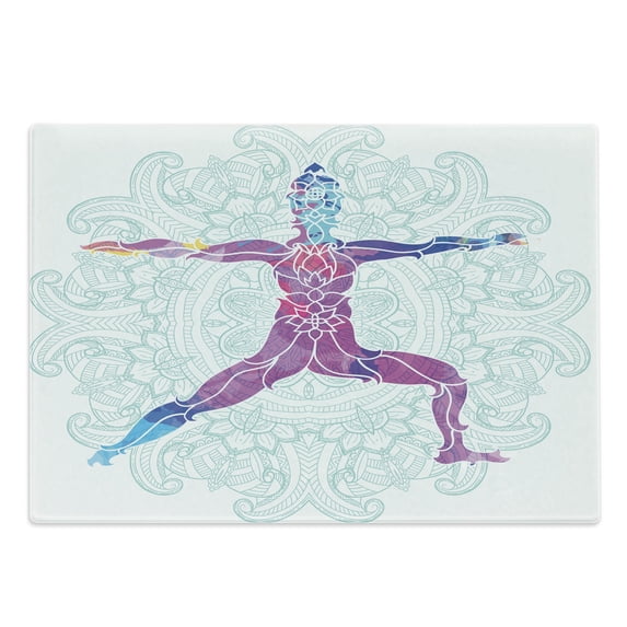 Colorful Cutting Board, Girl on Yoga Warrior Pose with Lotus Flower Petal Lines and Shapes Boho Art Print, Decorative Tempered Glass Cutting and Serving Board, Large Size, Purple Blue, by Ambesonne