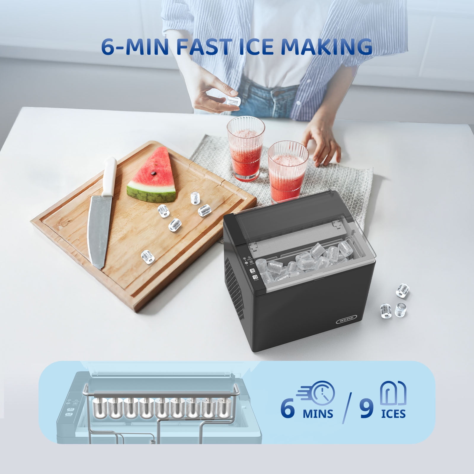 WETIE Countertop Ice Maker, 9 Bullet Ice Cubes in 6 Mins, 2 Ice Sizes, 26 lbs/24H with Removable & Washable Ice Tray & Scoop, with Self-Cleaning Function for Home/Kitchen/Camping/Party