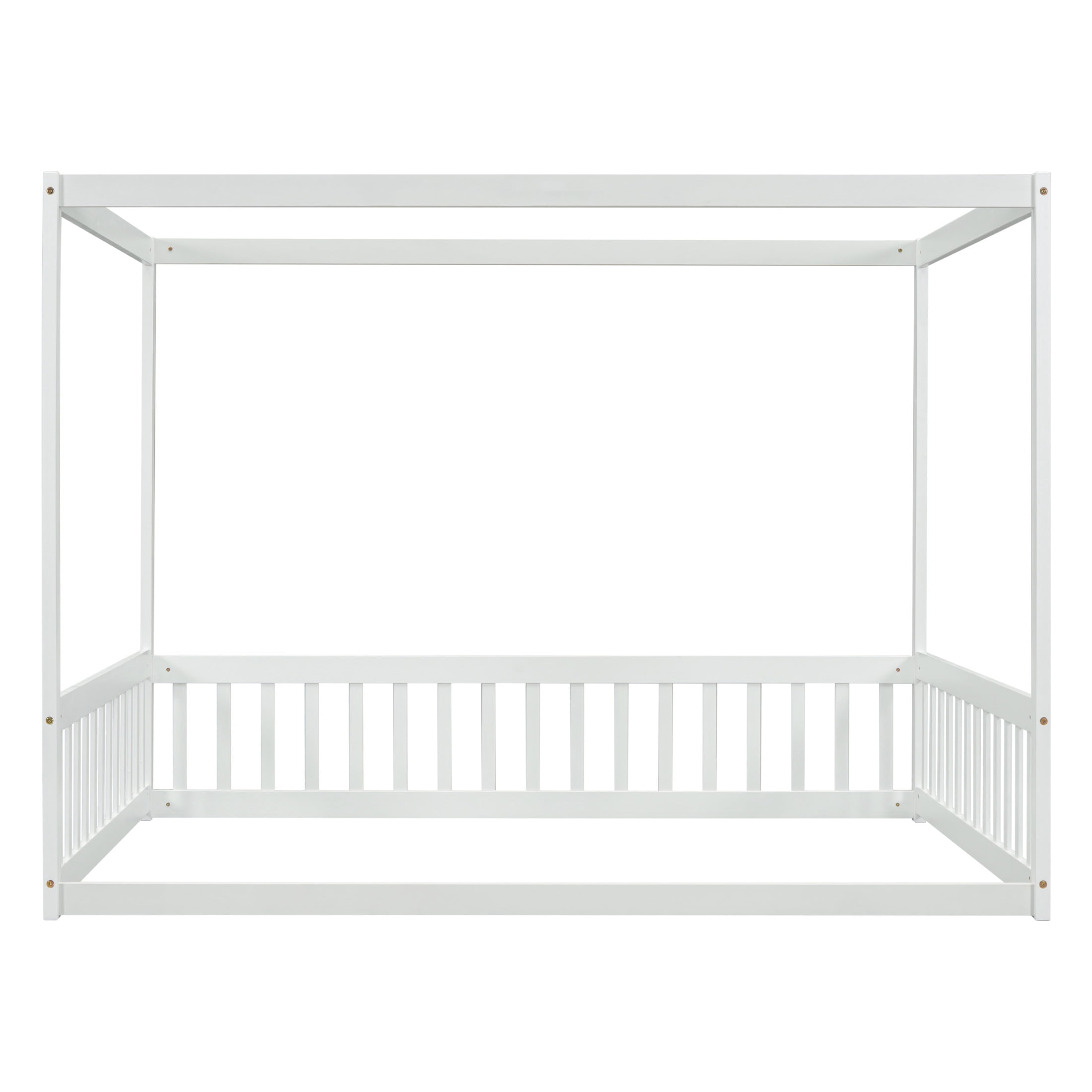 Noble House Dorris Full Canopy Floor Bed with Fence Guardrails, Solid Rubber Wood Montessori Bed, Kid's Room, White