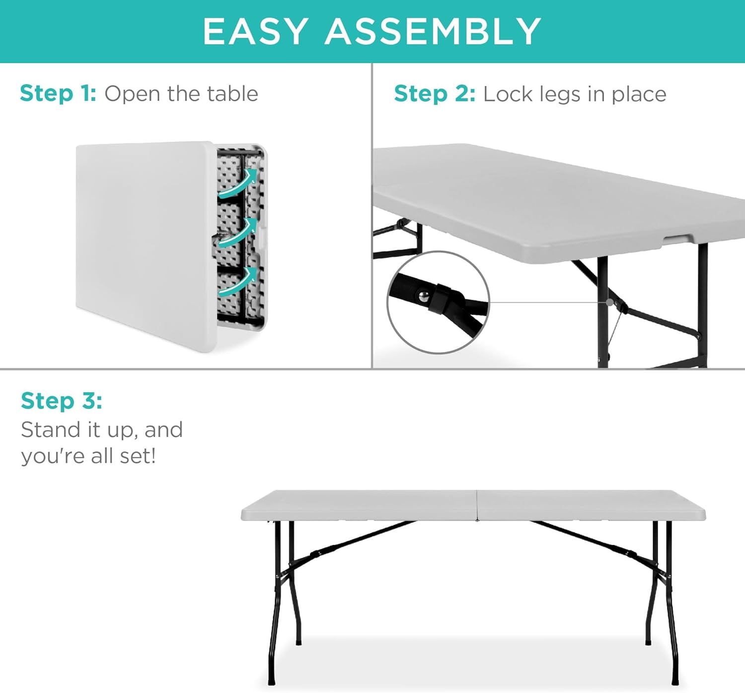 8 Feet Foldable Table, Portable Plastic Desk with Built in Handle, Steel Legs | Perfect for Party, Dining, Wedding, Events, Picnic Indoor, Outdoor, Camping, Utility, Folding