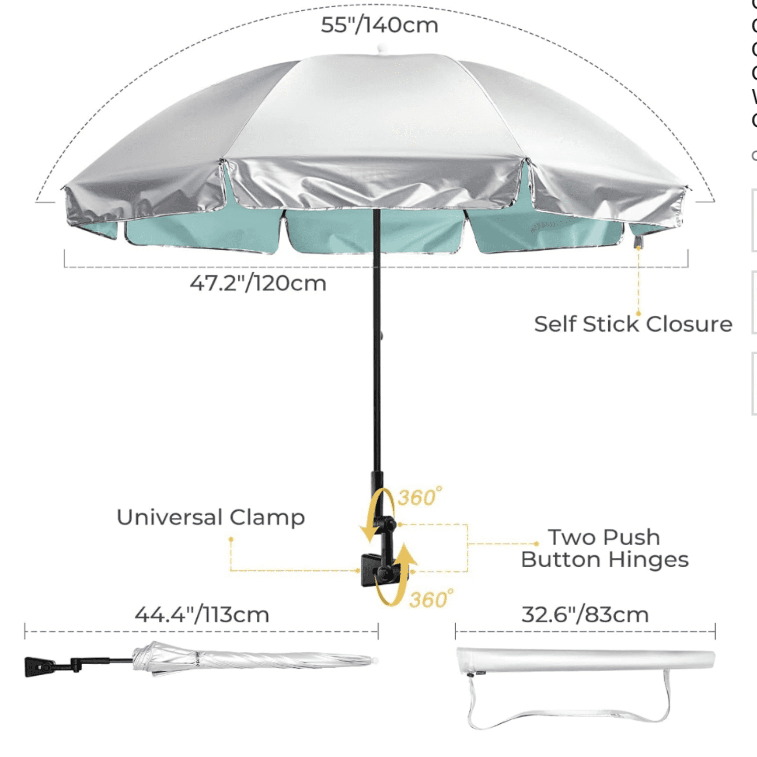 Universal Clamp On Umbrella Adjustable Outdoor UV Protection Beach Chair Umbrella for Strollers, Wheelchairs, Patio Chairs, and Golf Carts