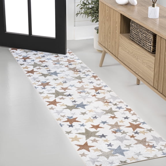 JONATHAN Y KIDS WASHABLE 2 x 8 Runner Rug, Star Gazer Geometric - Ivory/Blue/Orange, KDW100A-28