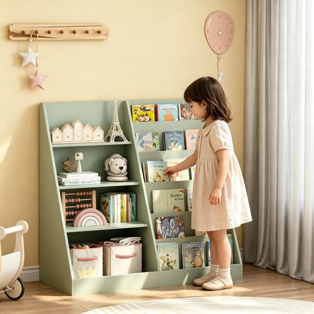 Kids Bookshelf and Toy Storage Organizer, Wooden Kids Bookcase with Multi-Level Shelves & Toy Storage, Children's Book Display Stand for Playroom, Nursery & Kids Room, Sage