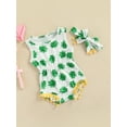 thumbnail image 3 of Newborn Girl Romper Outfits, Clover Printed Round Neck Small Hairball Decor Sleeveless Bodysuit + Cute Headband Set, 3 of 8
