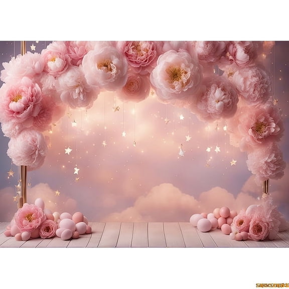 Pink Bear Digital Background for Baby Birthday Cake Smash Studio Photography Backdrops with Pastel Pink Star Background TD-03