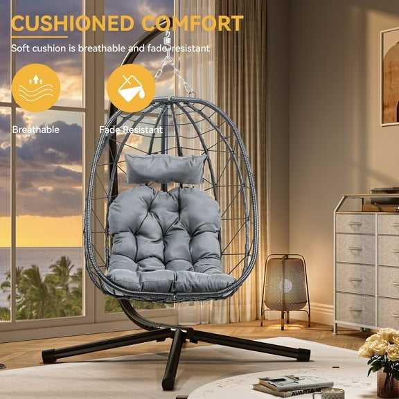 DEXTRUS Hanging Egg Chair with Stand, Cushion, Wicker Swing for Indoor & Outdoor, 350 lbs Capacity